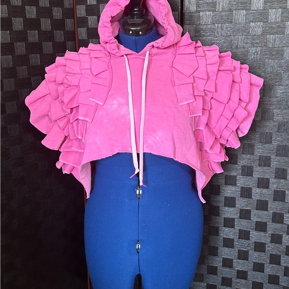 Custom Tye Dye Pink Cropped Ruffled Hoodie